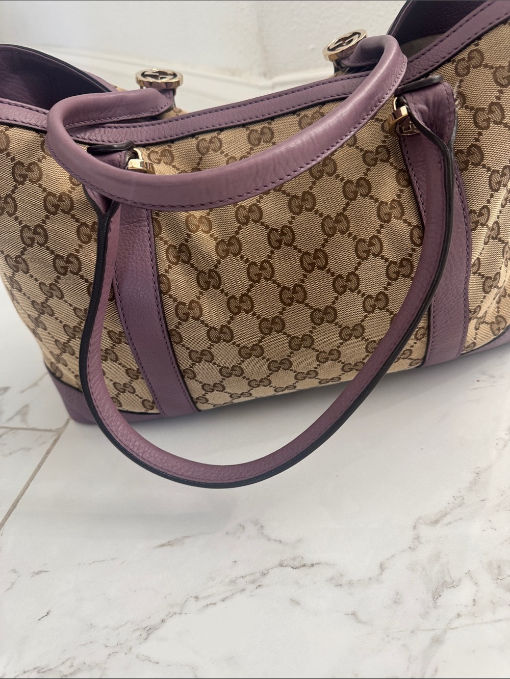 Gucci Beige GG Canvas Tote with Purple Trim and Gold Hardware - Picture 9 of 13